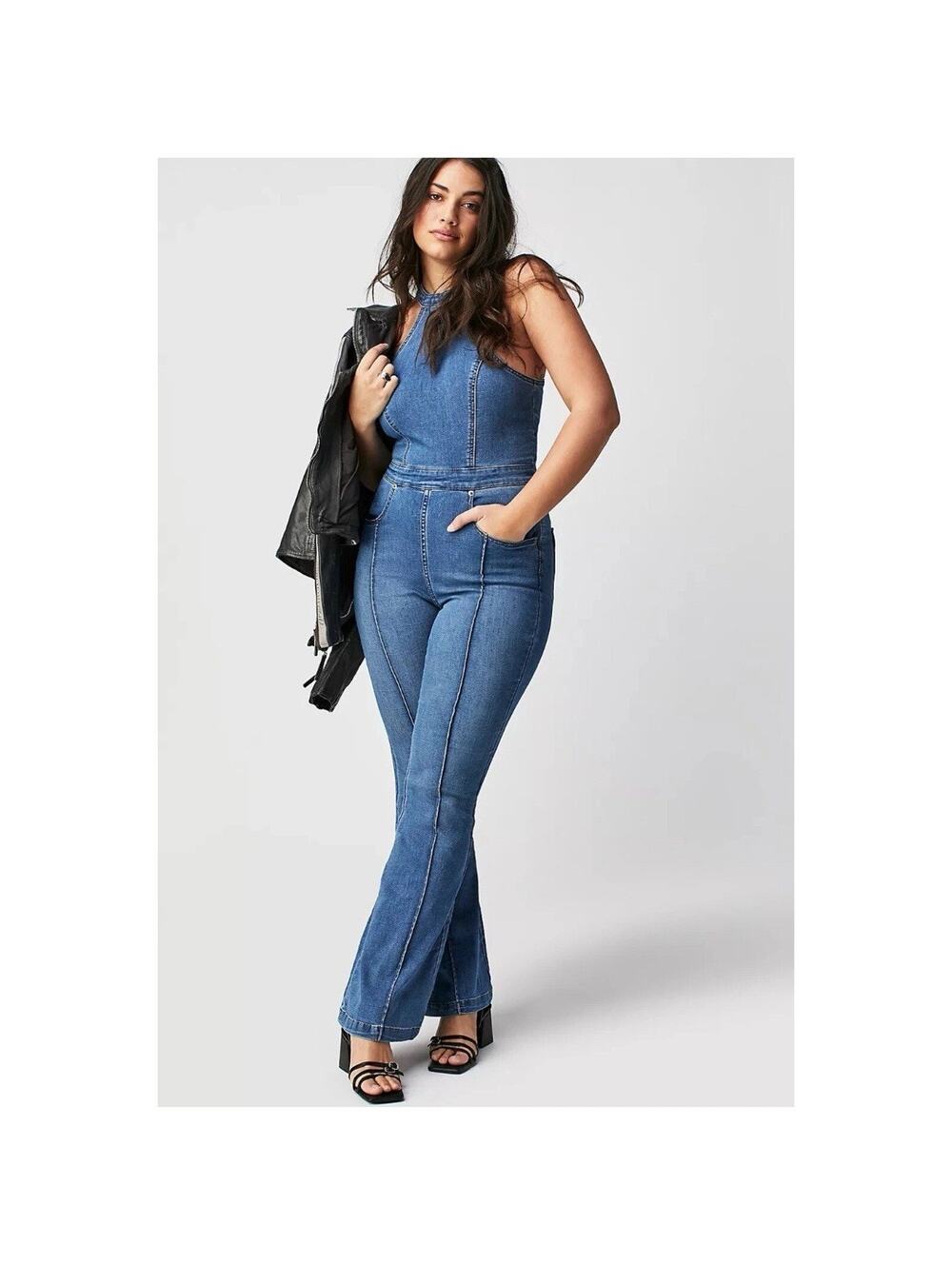 Free People We The Free CRVY Sydney Denim Jumpsuit SIZE 12 Stretch Boho Festival